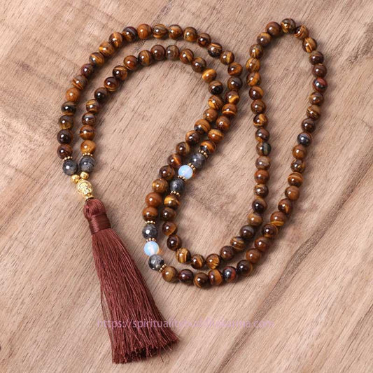 Buddha-Energie-Halskette, Anhänger mit tibetischem Tigerauge-Buddha-Symbol, Stärke und Kraft, Perlenquaste