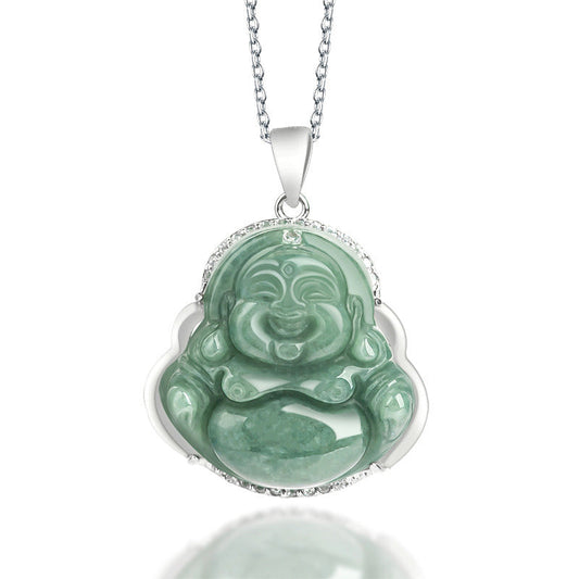 Jade 925 Sterling Silver Laughing Buddha Jade Abundance Necklace Chain Pendant