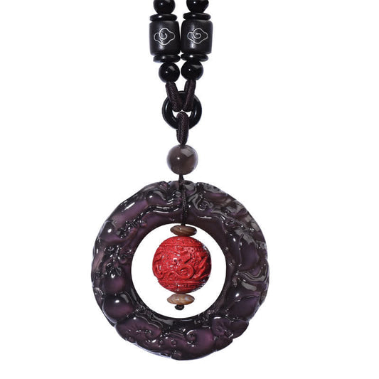 Spirituality Buddha Karma FengShui Natural Rainbow Obsidian PiXiu Cinnabar Healing Necklace Pendant