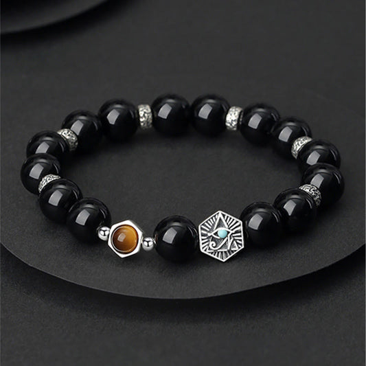 Spiritualität Buddha Karma Armband aus 925er Sterlingsilber, schwarzem Obsidian und Tigerauge – Armband der Vorsehung – Reinigungsarmband