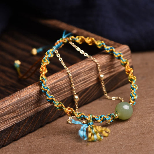 Ancient Tibetan Buddhist Red String Tradition Handmade Colorful Rope Luck Jade Bead Abundance Double Layer Bracelet