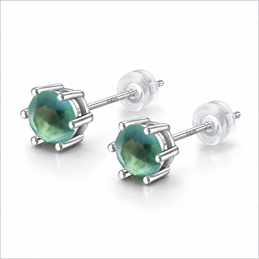 925 Sterling Silver Faceted Green Jade Stud Earrings for Women, Classic 6-Prong Crown Round Cut Natural Jadeite Solitaire Ear Studs, Hypoallergenic Oriental Jewelry Gift
