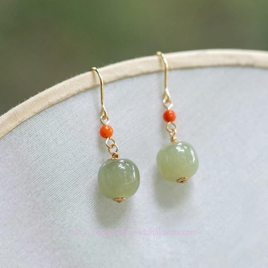 Boucles d'oreilles pendantes porte-bonheur en jade Hetian, argent sterling 925 plaqué or 14 carats et agate rouge Hetian