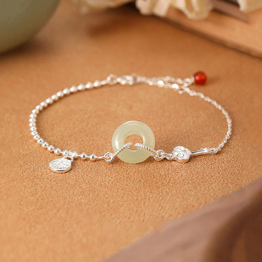 Jade 925 Sterling Silber Hetian Jade Friedensschnalle Fu-Zeichen Glückskette Armband