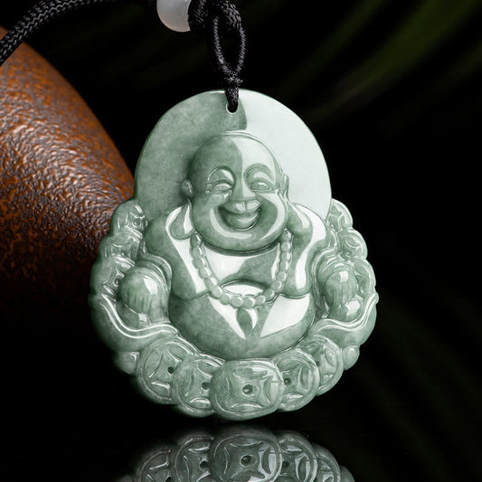 Jade Laughing Buddha Natural Jade Copper Coin Abundance Necklace Pendant