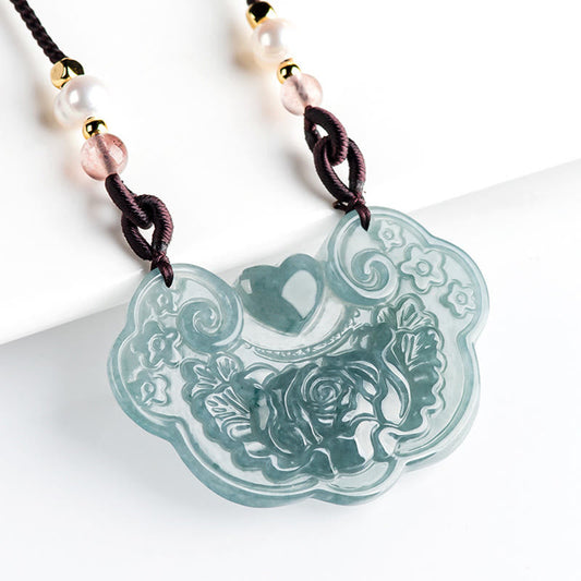 Jade Natural Jade Peony Flower Lock of Good Wishes Prosperity Necklace Pendant