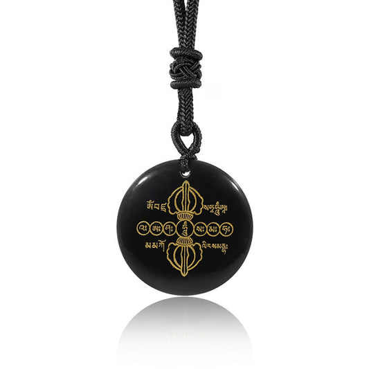 Spiritualität Buddha Karma Vajra Dorje Sanskrit Muster Natürliche Verschiedene Kristalle Schwarzer Obsidian Erfüllung Halskette Anhänger