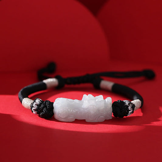 Handgefertigtes Armband aus natürlichem Jade – PiXiu Glücks- und Wohlstandssymbol – Geflochtene Schnur