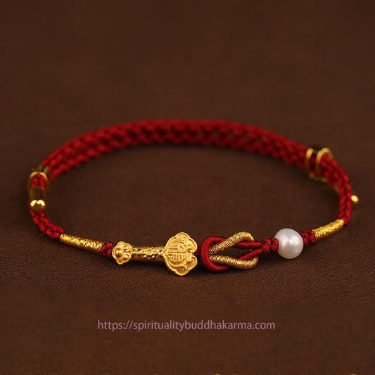 Ancient Tibetan Buddhist Red String Tradition 24K Gold Wish Ruyi Handle Fu Character Rabbit Pearl Luck Braided Bracelet