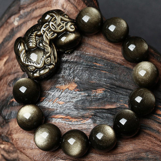 Spiritualität Buddha Karma FengShui PiXiu Goldenes Obsidian Schutzarmband