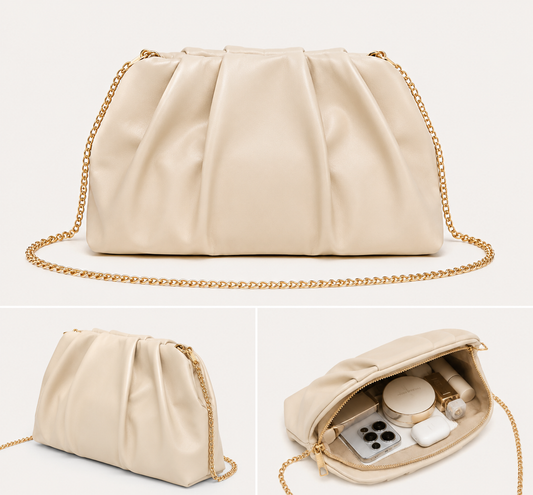 New Pleated Gold Chain Clutch Bag for Women – PU Leather Shoulder & Crossbody Evening Bag