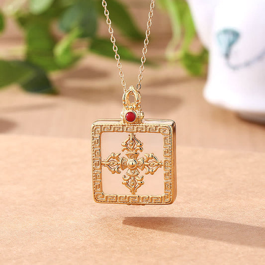 Jade  24K Gold Plated White Jade Double Dorje Protection Luck Necklace Pendant