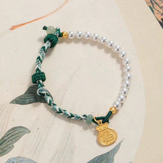 Antikes tibetisch-buddhistisches Armband mit roter Schnur, 925er Sterlingsilber, Fu-Figur, Perle, Hetian-Jade und Weisheitsseil 