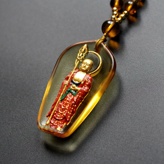 Spirituality Ksitigarbha Buddha Liuli Crystal Compassion Amulet Necklace Pendant