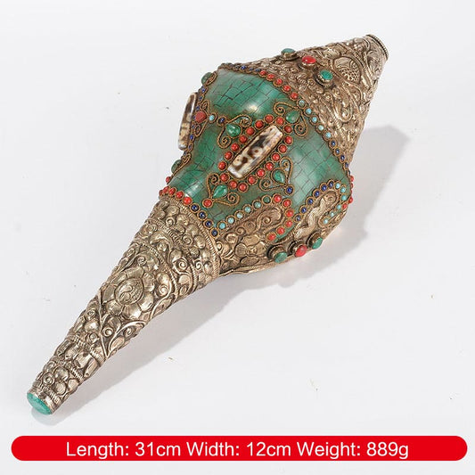 Tibetische Spiritualität, handgefertigte gravierte Shankha Doppel-Dorje-Buddha-Muschel, Wohlstandssymbol, positive Dekoration