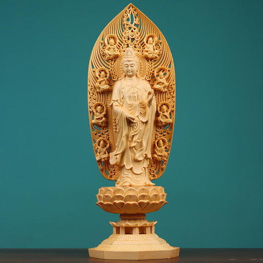 Spiritualität, handgefertigt, Kwan Yin, Avalokitesvara, Tathagata, Mahasthamaprapta, Bodhisattva-Statue, Buchsbaum, Fülle, Dekoration 