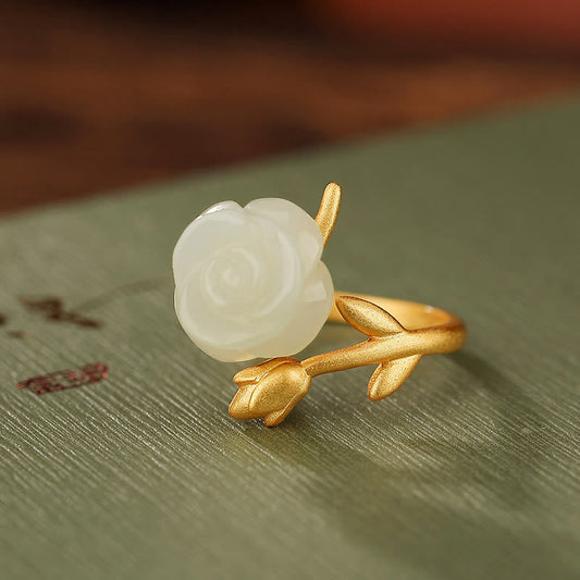 Bague en jade blanc Hetian, ornée d'une rose, en argent sterling 925 plaqué or et d'une fleur de rose. 