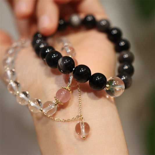 Spiritualität Buddha Karma Natürlicher Silberglanz Obsidian Rosa Kristall Weißer Kristall Schutz Yin Yang Farben Partnerarmband