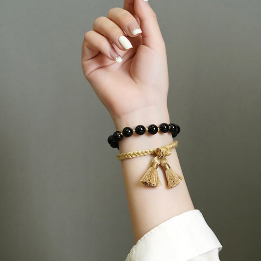 Ancient Tibetan Buddhist Red String Tradition  2Pcs Black Onyx Bead Support Protection String Bracelet