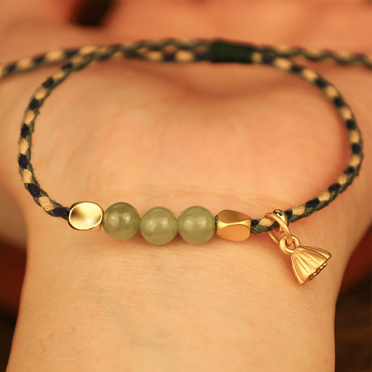 Handgefertigtes geflochtenes Armband aus Hetian-Jade mit Lotus-Anhänger – Glücksbringer 