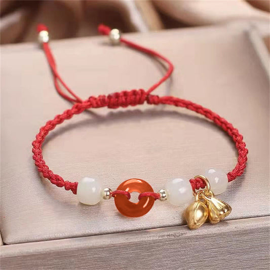 Ancient Tibetan Buddhist Red String Tradition  Red Agate Peace Buckle Jade Lotus Healing Braided Bracelet