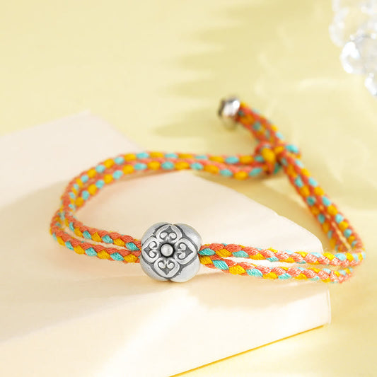 Altes tibetisch-buddhistisches Armband mit roter Schnur, geflochten aus 999er Sterlingsilber, Glückssymbol für Kaki, mehrfarbig 