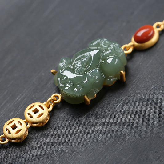 Jade  Cyan Jade PiXiu Copper Coin Red Agate Success Chain Bracelet