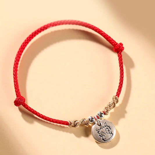 Bracelet tressé traditionnel tibétain bouddhiste à fil rouge, fait main en argent sterling 999, année du Dragon, symbole de chance et mignon du zodiaque chinois 
