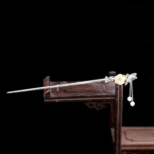 Jade  925 Sterling Silver Hetian White Jade Flower Blessing Hairpin