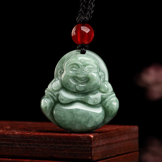 Jade  Natural Green Jade Laughing Buddha Luck Abundance Necklace Pendant