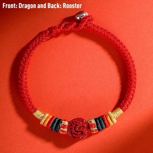 Bracelet de bénédiction en argent sterling 925, symbole de l'année du Dragon, orné d'allumettes porte-bonheur et de la tradition bouddhiste tibétaine ancestrale du fil rouge, représentant le zodiaque chinois et le cinabre. 