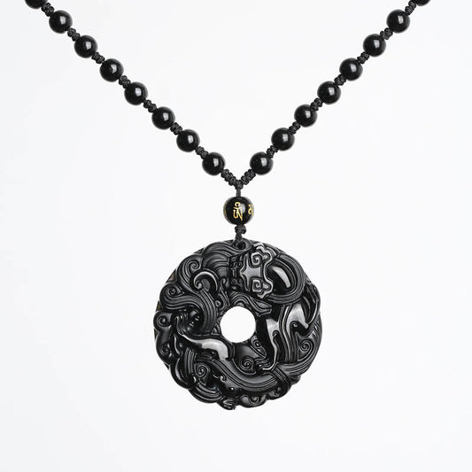 Spiritualität Buddha Karma Natürlicher Schwarzer Obsidian Friedensschnalle Pixiu Reinigungshalskette Anhänger 