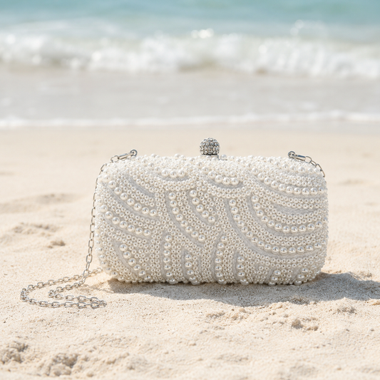 Women’s Pearl Evening Clutch Bag with Detachable Silver Chain, Elegant Mini Crossbody Purse for Wedding, Party and Prom