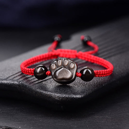 Ancient Tibetan Buddhist Red String Tradition  Natural Silver Sheen Obsidian Gold Sheen Obsidian Cute Cat Paw Claw Protection Rope Bracelet