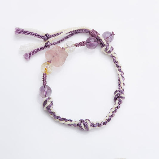 Ancient Tibetan Buddhist Red String Tradition  Natural Fluorite Amethyst Silver Sheen Obsidian Tiger's Eye Protection Rope Bracelet