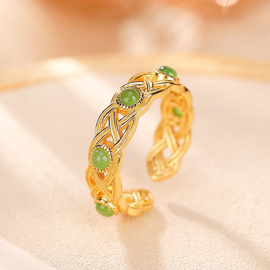 Jade  925 Sterling Silver Plated Gold Cyan Jade Braided Design Success Luck Adjustable Ring