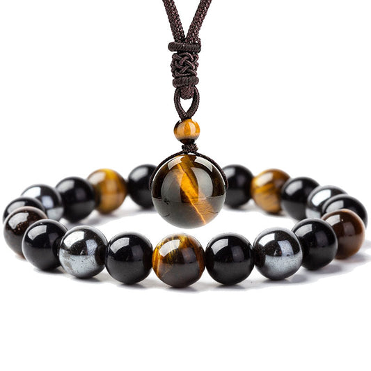 Ensemble bracelet et collier en œil de tigre tibétain, symbole de spiritualité, de bouddhisme et de karma
