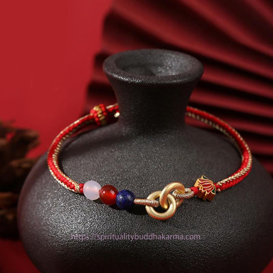 Ancient Tibetan Buddhist Red String Tradition  925 Sterling Silver Double Peace Buckle Lotus Auspicious Bracelet