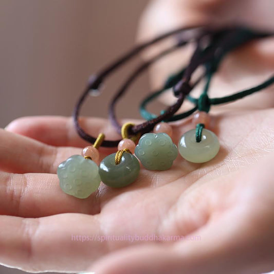 Jade  Natural Round Jade Peace Buckle Lotus Abundance String Necklace Pendant