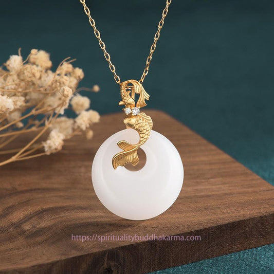Jade  White Jade Koi Fish Wealth Prosperity Necklace Pendant