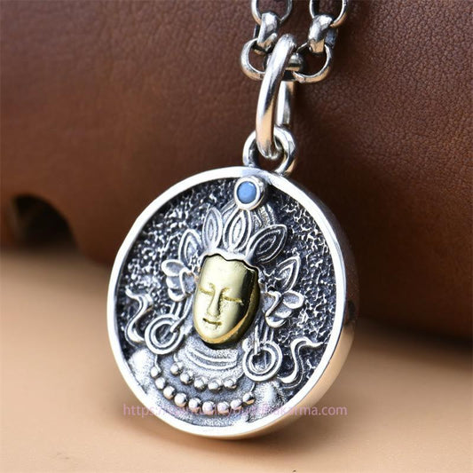 Buddha-Energie-Halskette aus 925er Sterlingsilber mit grünem Tara- und Doppel-Dorje-Vajra-Schutzanhänger