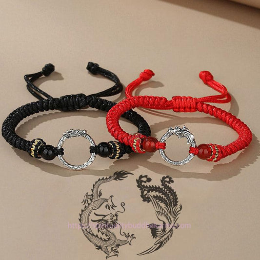 Bracelet de couple traditionnel tibétain bouddhiste à cordon rouge, fait main en argent sterling 925, avec boucle porte-bonheur et symbole de paix, année du Dragon et du Phénix.