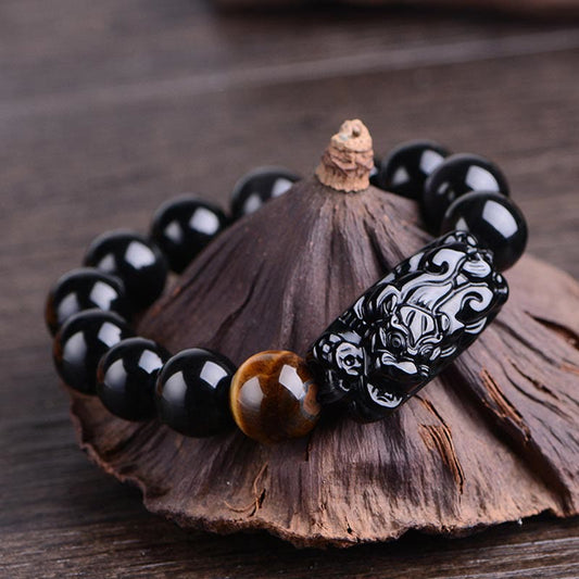 Stärke und Schutz – Natürliches schwarzes Obsidian-PiXiu-Tigeraugenarmband 