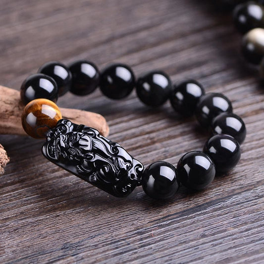 Stärke und Schutz – Natürliches schwarzes Obsidian-PiXiu-Tigeraugenarmband 