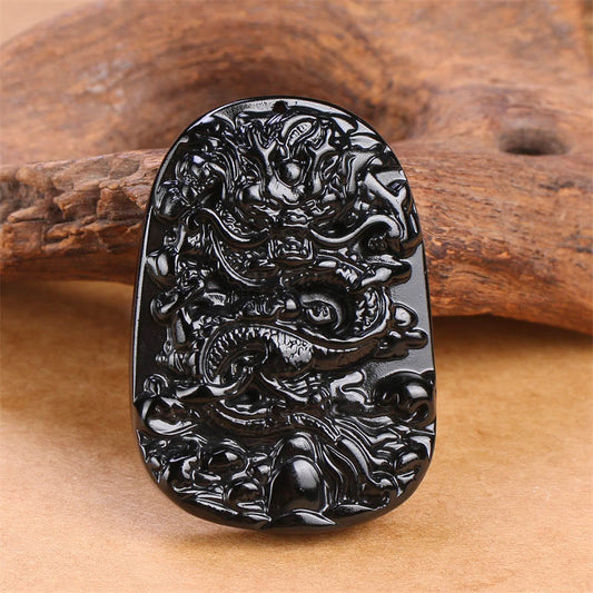 Spiritualität Buddha Karma Schwarzer Obsidian Drache Geschnitzte Glücks- und Schutzhalskette Anhänger