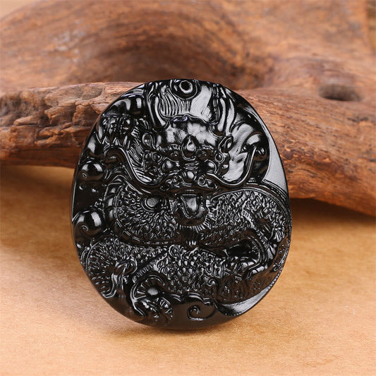 Spiritualität Buddha Karma Natürlicher Schwarzer Obsidian Runder Drache Geschnitzter Schutz Halskette Anhänger 