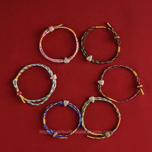 Tibetisches Knoten-Schutzarmband aus 925er Sterlingsilber mit Fu-Symbol und mehrfarbigem Seilmotiv