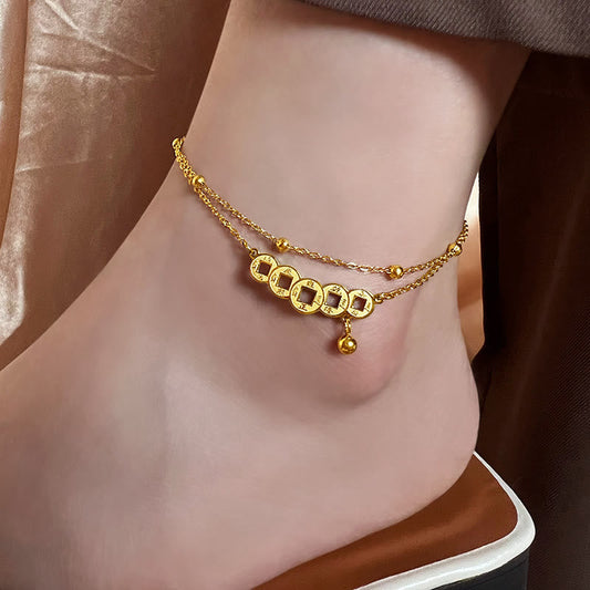 Spirituality Buddha Karma Copper Coins Attract Wealth Titanium Steel Anklet