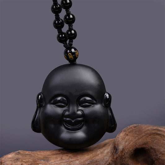 Spiritualität Buddha Karma Natürlicher Schwarzer Obsidian Lachender Buddha Halskette Anhänger zur Reinigung