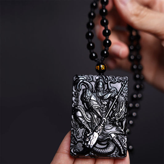Spiritualität Buddha Karma Schwarzer Obsidian Guan Gong Amulett Gravierte Stärke Halskette Anhänger 